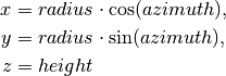 x &= radius \cdot \cos(azimuth),

y &= radius \cdot \sin(azimuth),

z &= height