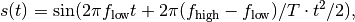 s(t) = \sin(2\pi f_\mathrm{low} t + 2\pi (f_\mathrm{high}-
f_\mathrm{low}) / T \cdot t^2 / 2),